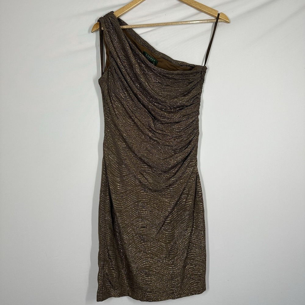 Lauren Ralph Lauren one-shoulder sheath dress metallic bronze color size 10P